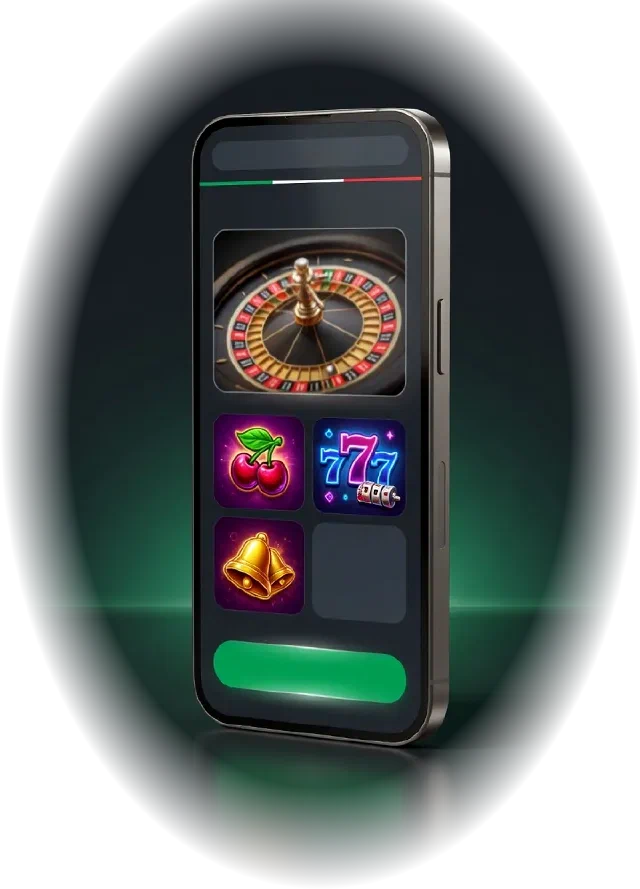 Smartphone in titanio con un'app di casinò: roulette live, slot e pulsante verde